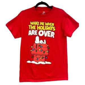Peanuts Snoopy T-Shirt SM Red Dog House Christmas Lights Wake Me When Over Retro